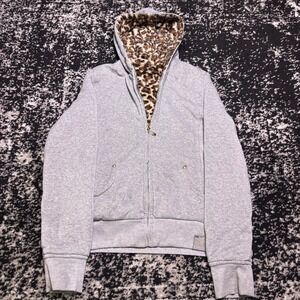 Reversible Leopard Faux Fur Zip Up Hoodie Gray Y2K Animal Print Sweatshirt
